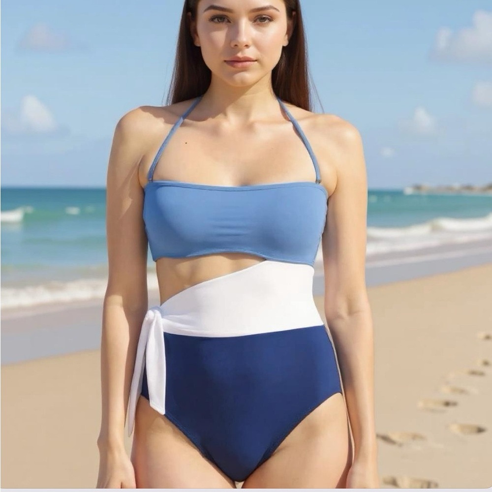 Color Block Cutout Bandeau Tie One-Piece Swimsuit
